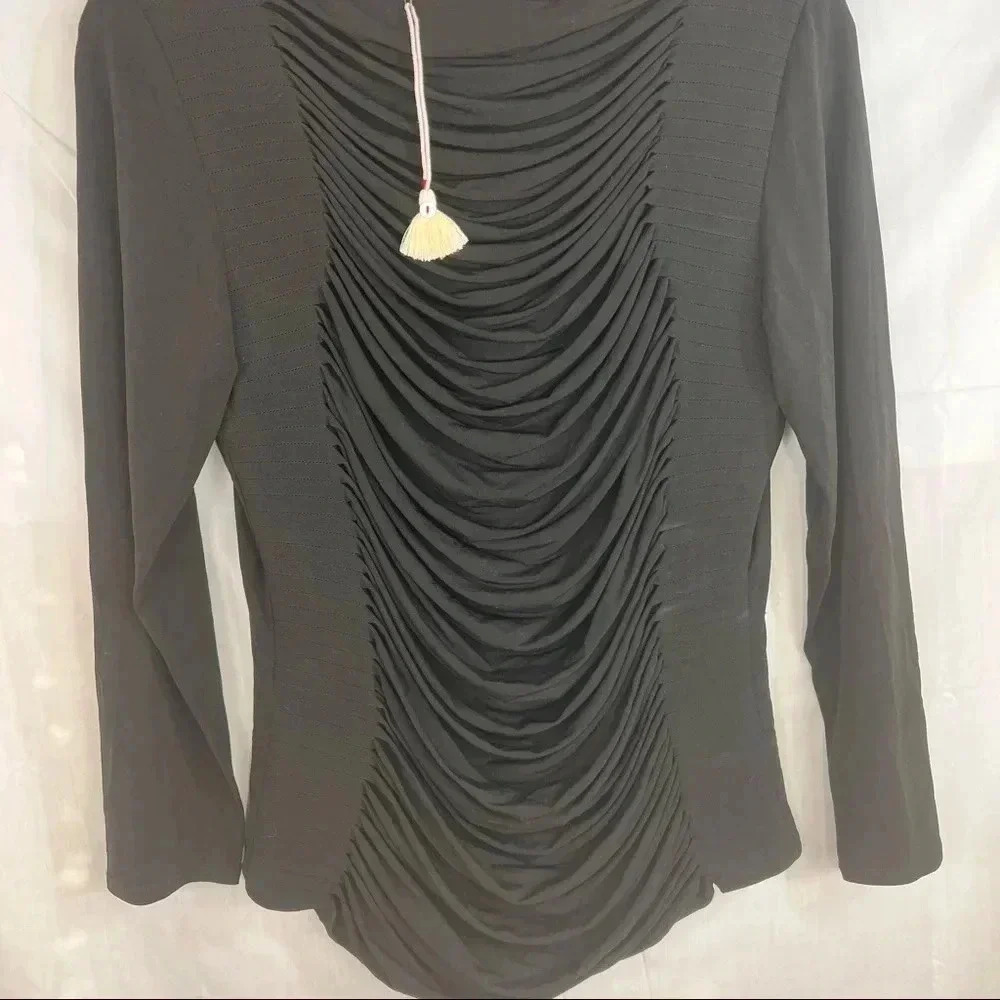 ELIE TAHARI Womens Pleated Detail MatteJersey Long Sleeve Black Top Sz L Classic - Picture 3 of 13